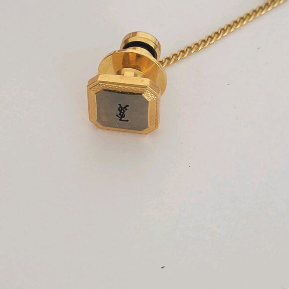 Yves Saint Laurent YSL Tie Necktie Pin Silver Gold Tone Logo Square Vintage - Picture 2 of 6